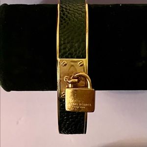 HENRI BENDEL Unique Black Leather & Gold Plated Lock Charm Bangle Bracel…
